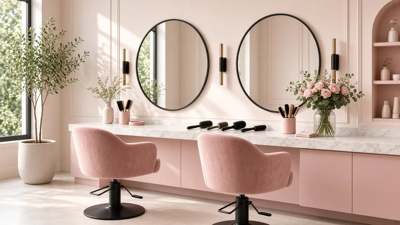 A bright salon with two blush pink velvet styling chairs, round mirrors, a marble counter with brushes and a vase of pink roses